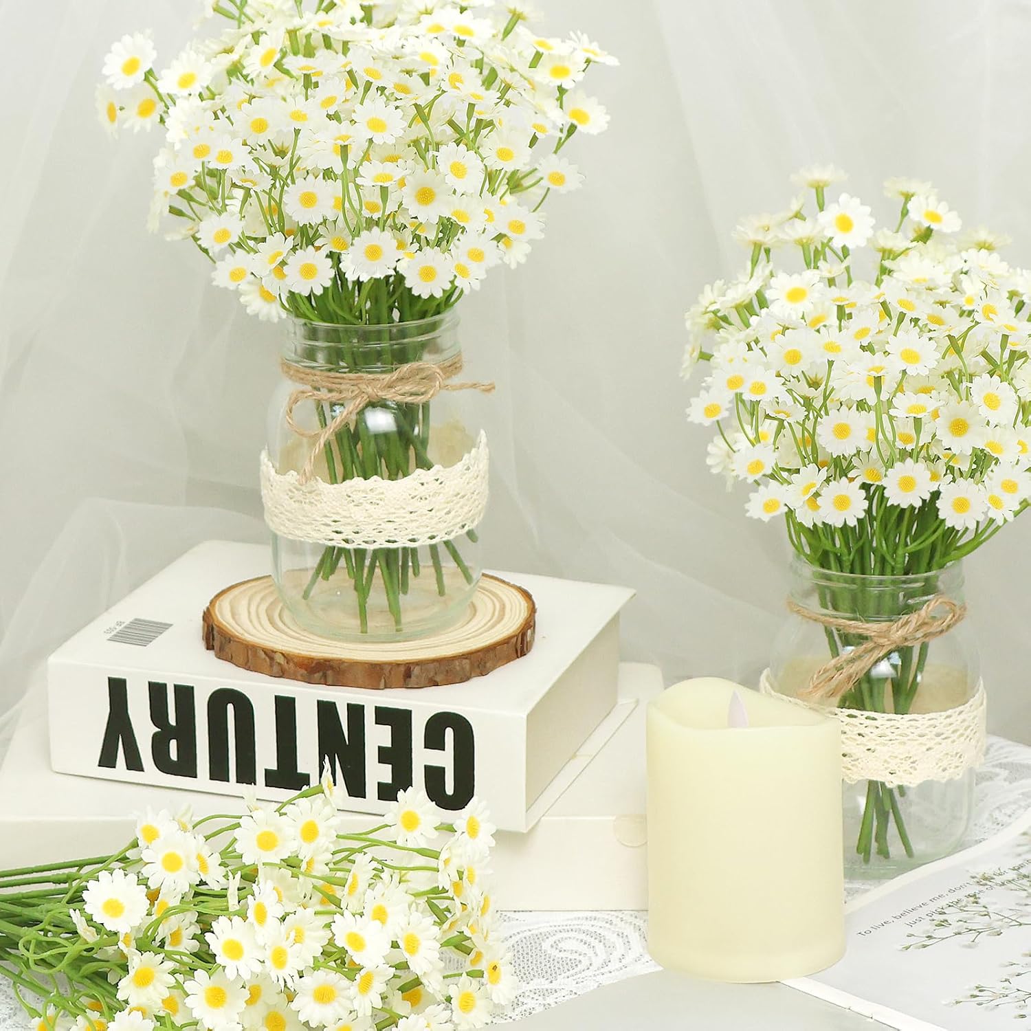 Set 6 Mason Jar Table Centerpiece - Wedding Centerpieces for Tables, Mason Jar Flower Centerpiece Vases Decor- Boho Farmhouse Rustic for Engagement, Bridal Shower, Wedding, Versatile Decor (Chamomile)
