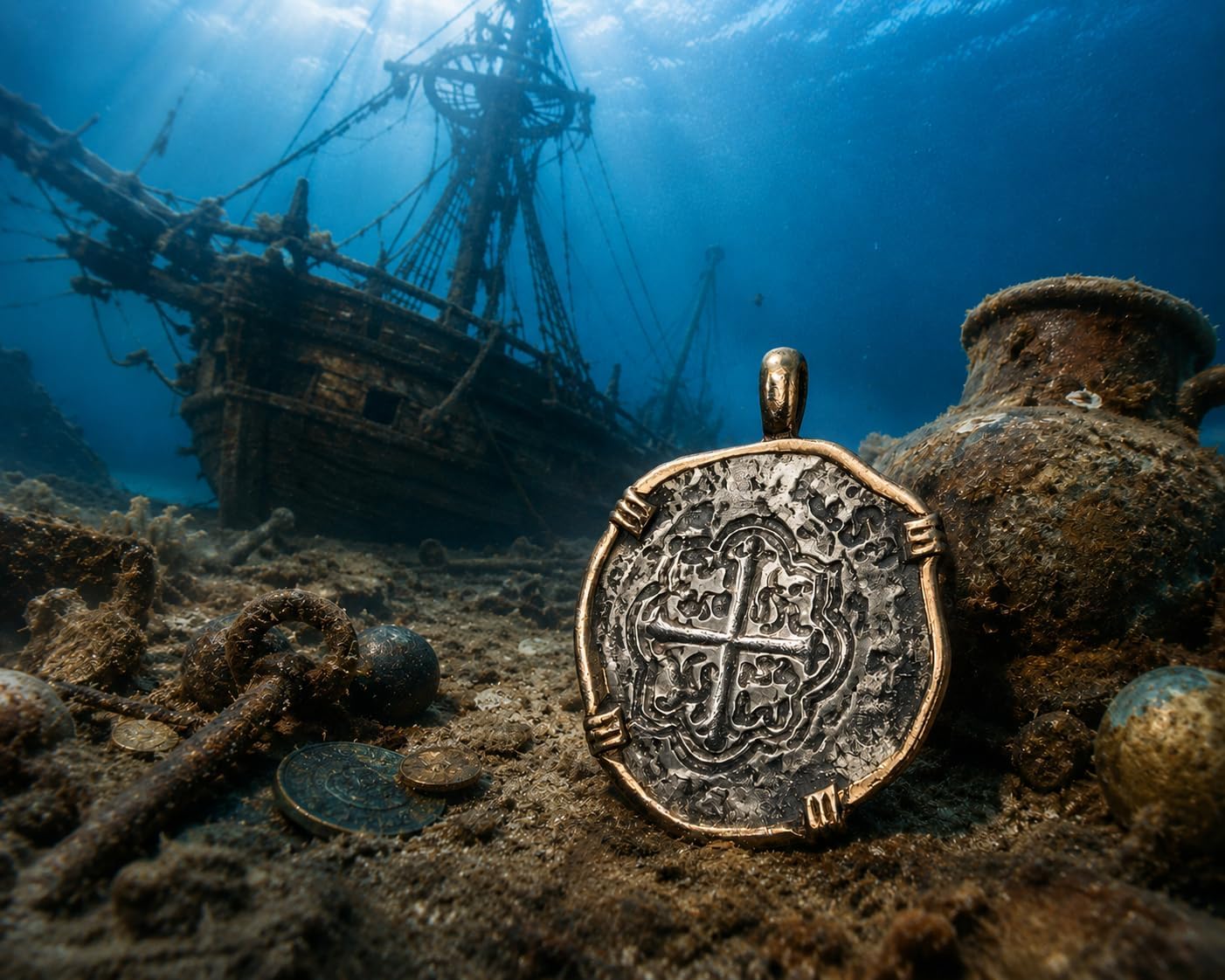 Conch Republic 1828 Key West Atocha Shipwreck Replica Necklace Pendant Coin, Antique Silver Finish with Gold-Tone Bezel, Nautical Treasure Theme