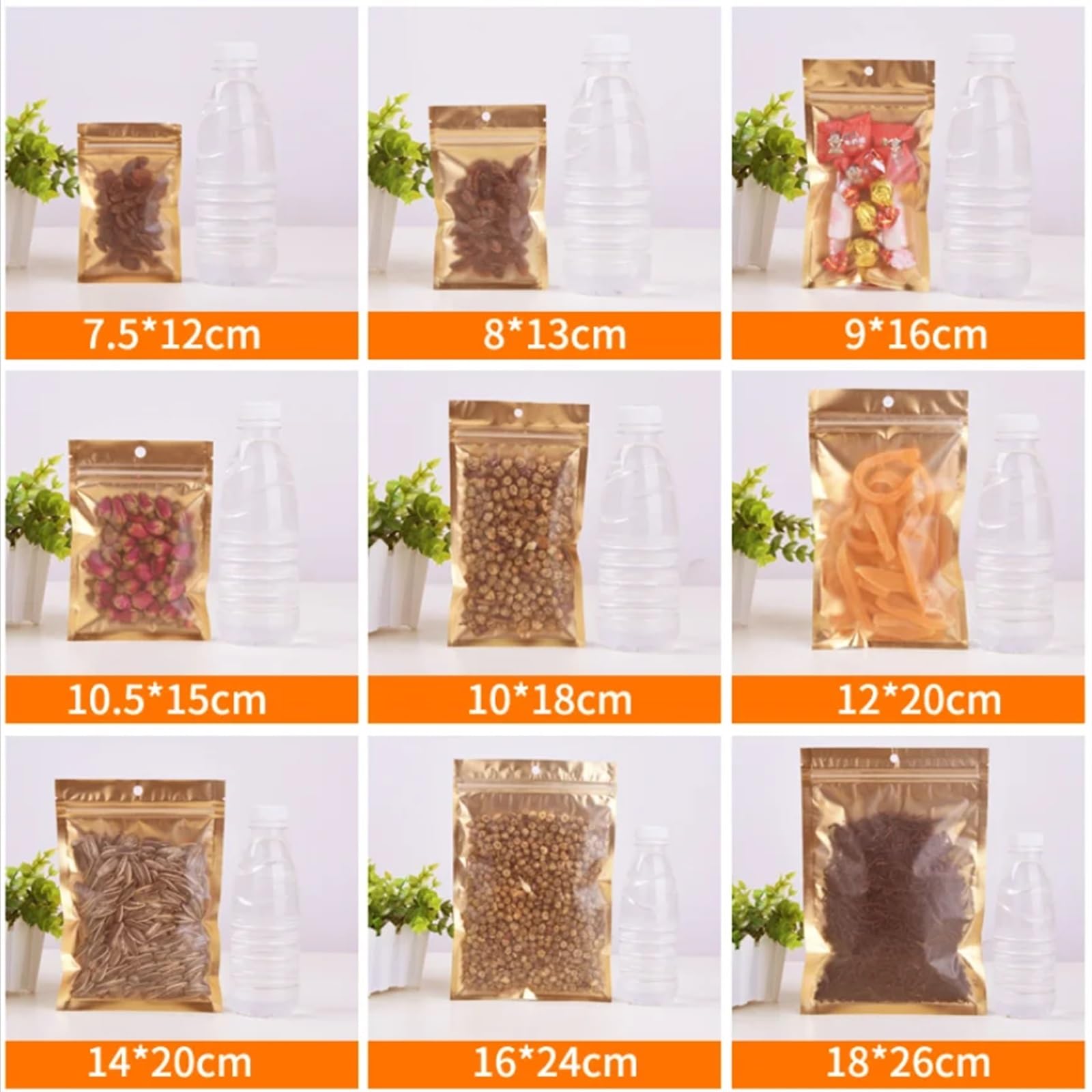 plastikowe torebki z zamknięciem, 100 szt. Złotych torebek Mylar Zip Lock, z folii aluminiowej, wytrzymałej metalowej, płaskiej torebki Zipper do pakowania słodyczy i żywności(14x20cm)