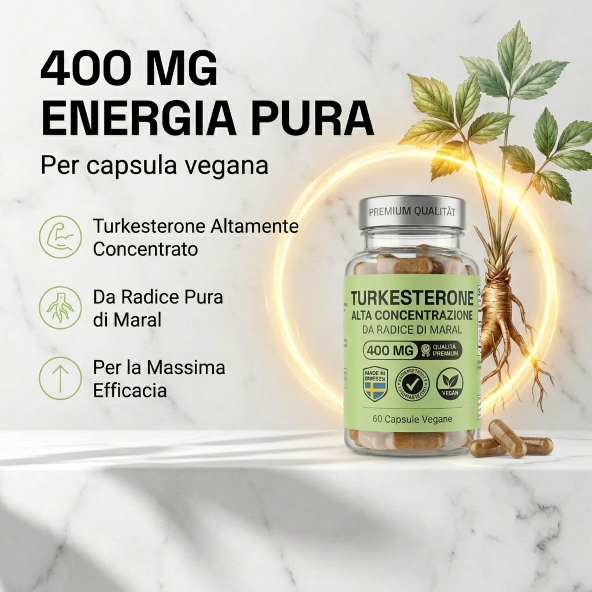 NOOP Turkesterone 400 mg, Integratore Testosterone Uomo, Booster Massa Muscolare e Forza – Radice di Maral, Vegano, Prodotto in Svezia – 60 Capsule