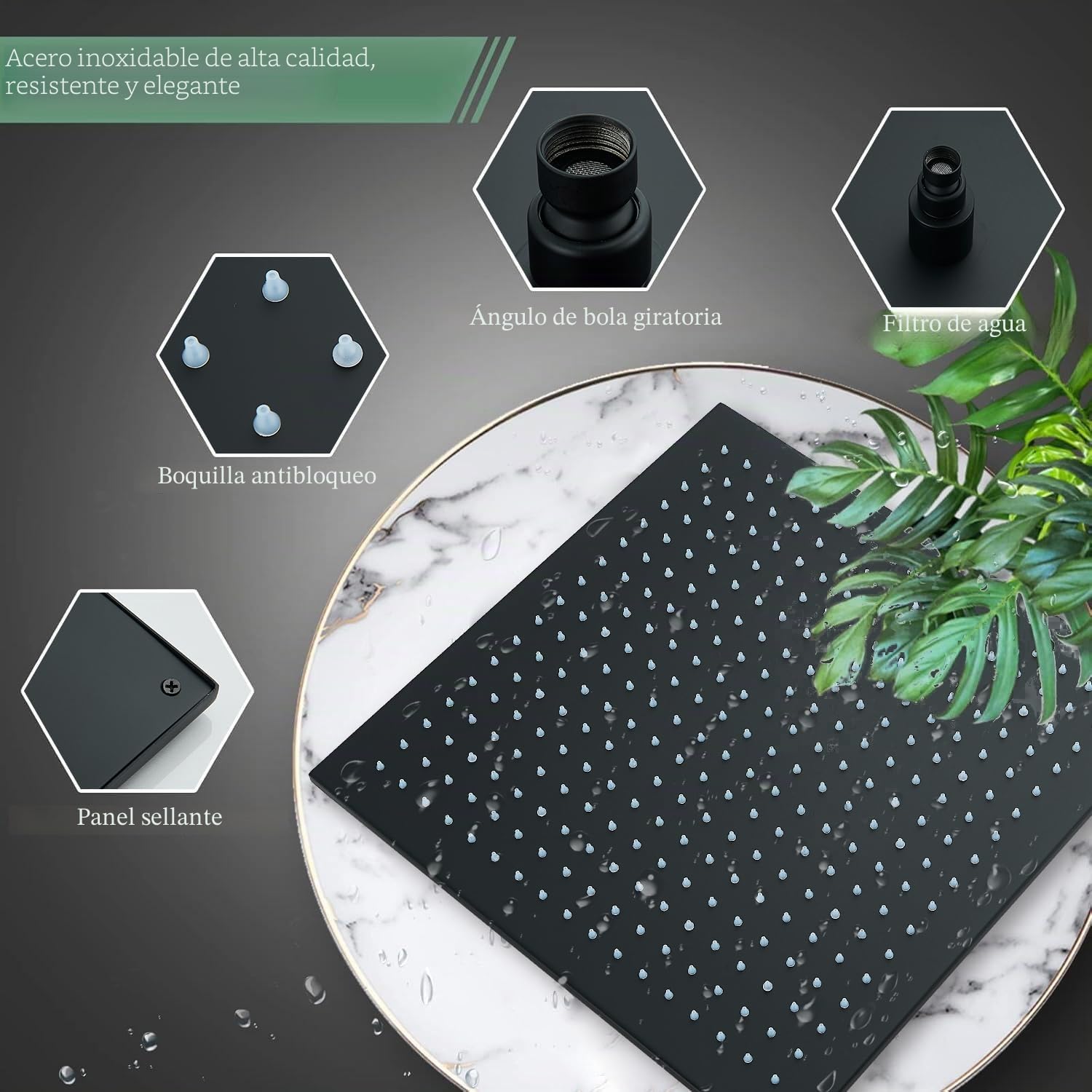 JunSheng Alcachofa de ducha LED de 16 pulgadas Alcachofa de ducha de lluvia cuadrada negra mate boquillas de silicona fáciles de limpiar grifo fijo para ducha