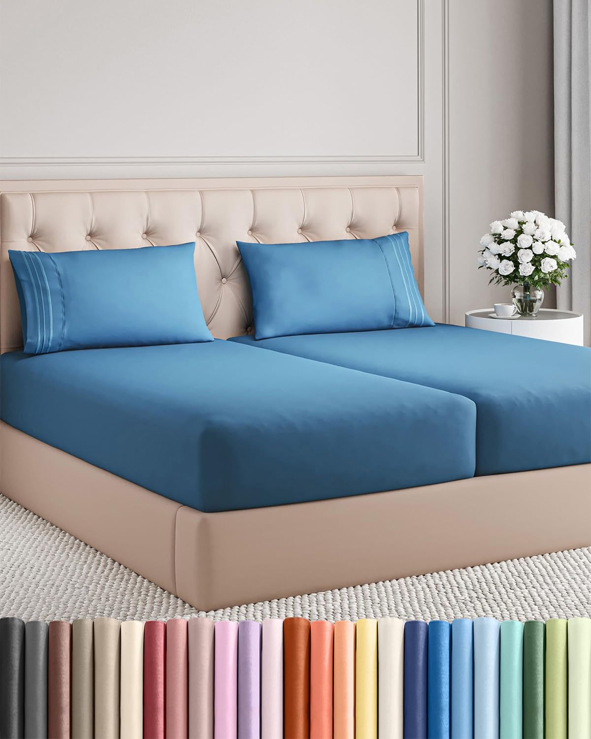Split King Size 5 Piece Sheet Set - Comfy Breathable &amp; Cooling - Denim Blue