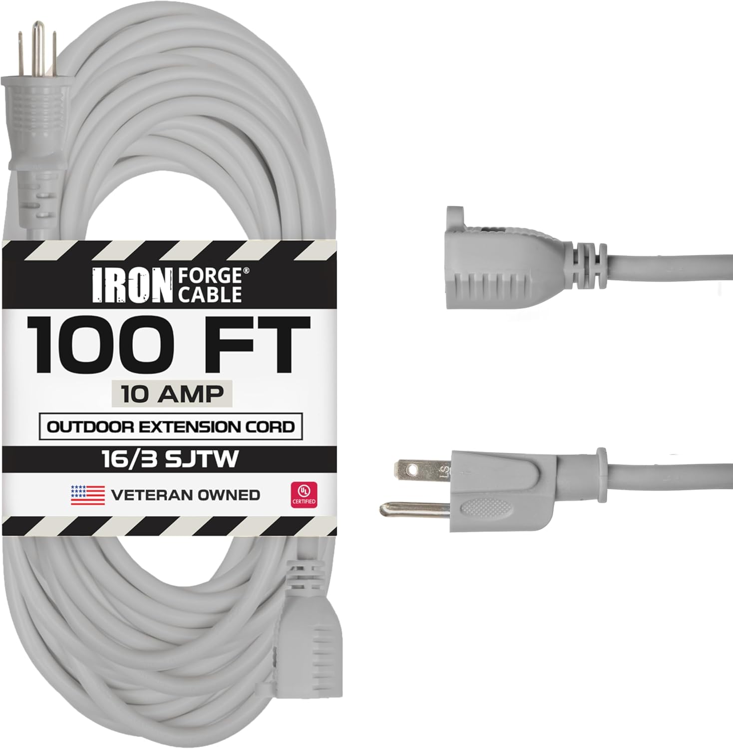 Iron Forge Cable Gray Outdoor Extension Cord 100 ft, 16/3 SJTW 100 Foot Grey 3 Prong Extension Cord Outdoor & Indoor, Weatherproof 10 Amp Heavy Duty Power Cable