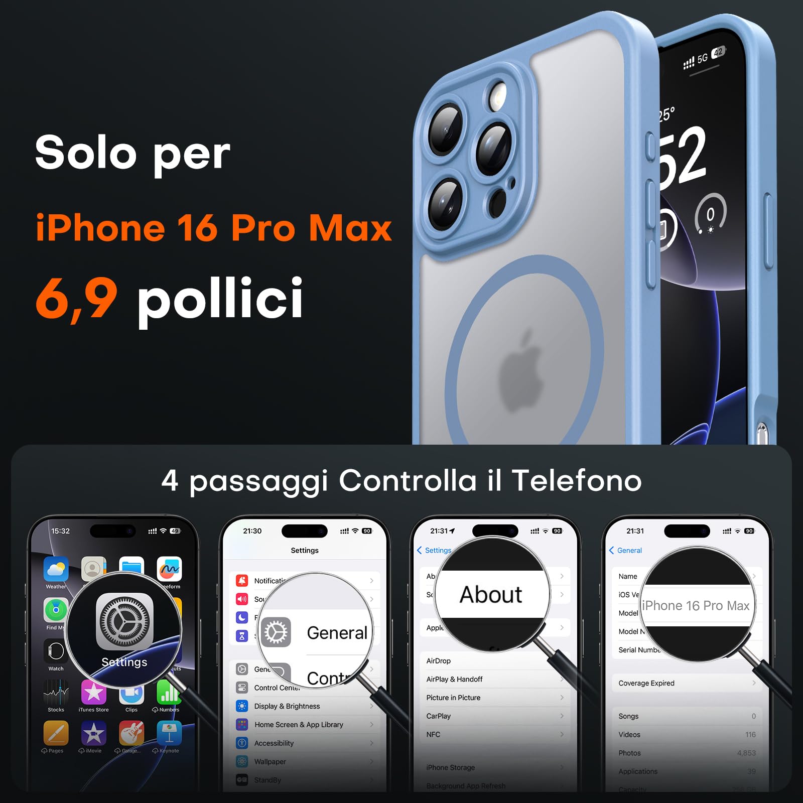 TOCOL Cover Magnetica per iPhone 16 Pro Max 6,9 Pollic, Compatibile con MagSafe, Protezione Fotocamera Integrata, Custodia Antiurto Traslucida Opaca, Blu Chiaro