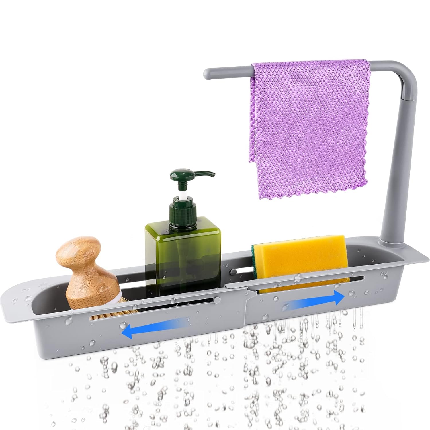 NiHome Telescopic Kitchen Over Sink Organizer with Towel Hanger Expandable Slim Drain Basket Multifunctional Caddy Adjustable Length Colander