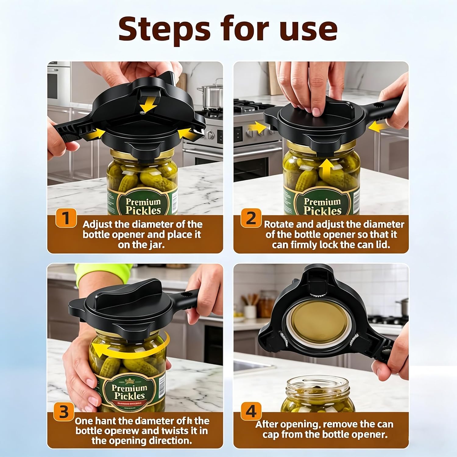 Jar Opener, 4-in-1 Adjustable Lid Opener with Non-Slip Grip, Stainless Steel 3-Claw Bottle Opener, Easy Open Kitchen Tool for Jars, Bottles & Cans, Fits 1”–3.5” Lids (Black, 1PC/2PCS) (1)