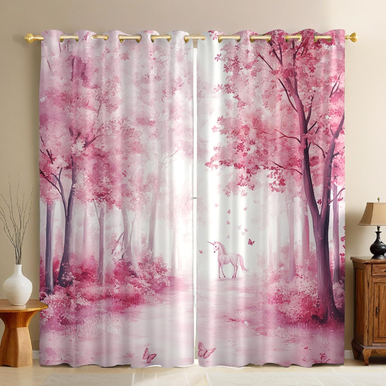 Lot de 2 Rideaux Occultants Phoniques Licorne Thermiques Anti Froid avec Œillets, Opaques Rose Clair pour Chambre Enfant et Salon 140L X 175H cm