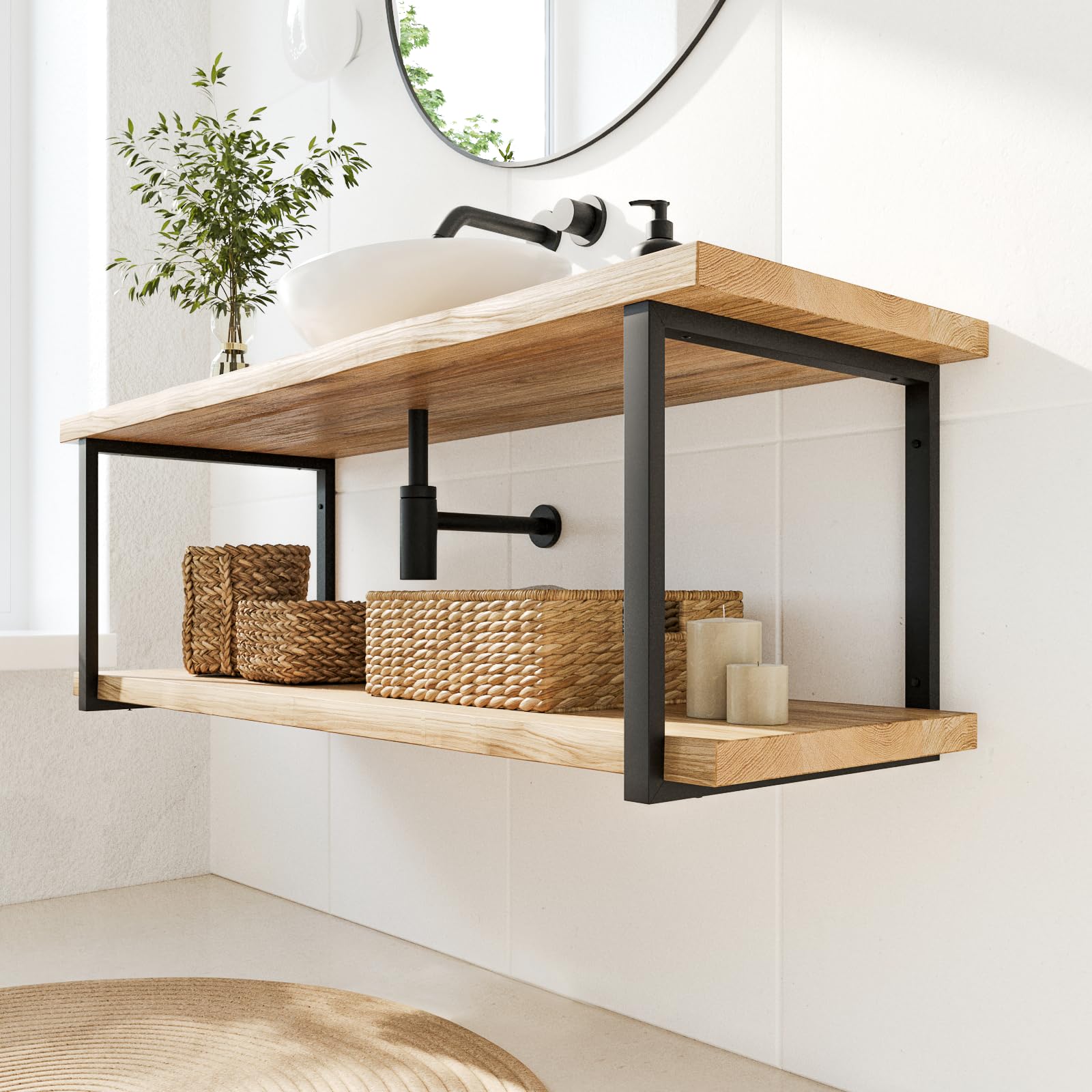 HEVVA 2er-Set Doppelwaschtischhalterung - REUSS - 2 Ebenen (50 cm, Schwarz) | Waschtischhalterung, Waschtischbefestigung, Halterung Waschtischplatte, Wandkonsole für Aufsatzwaschbecken, Waschtischkonsole