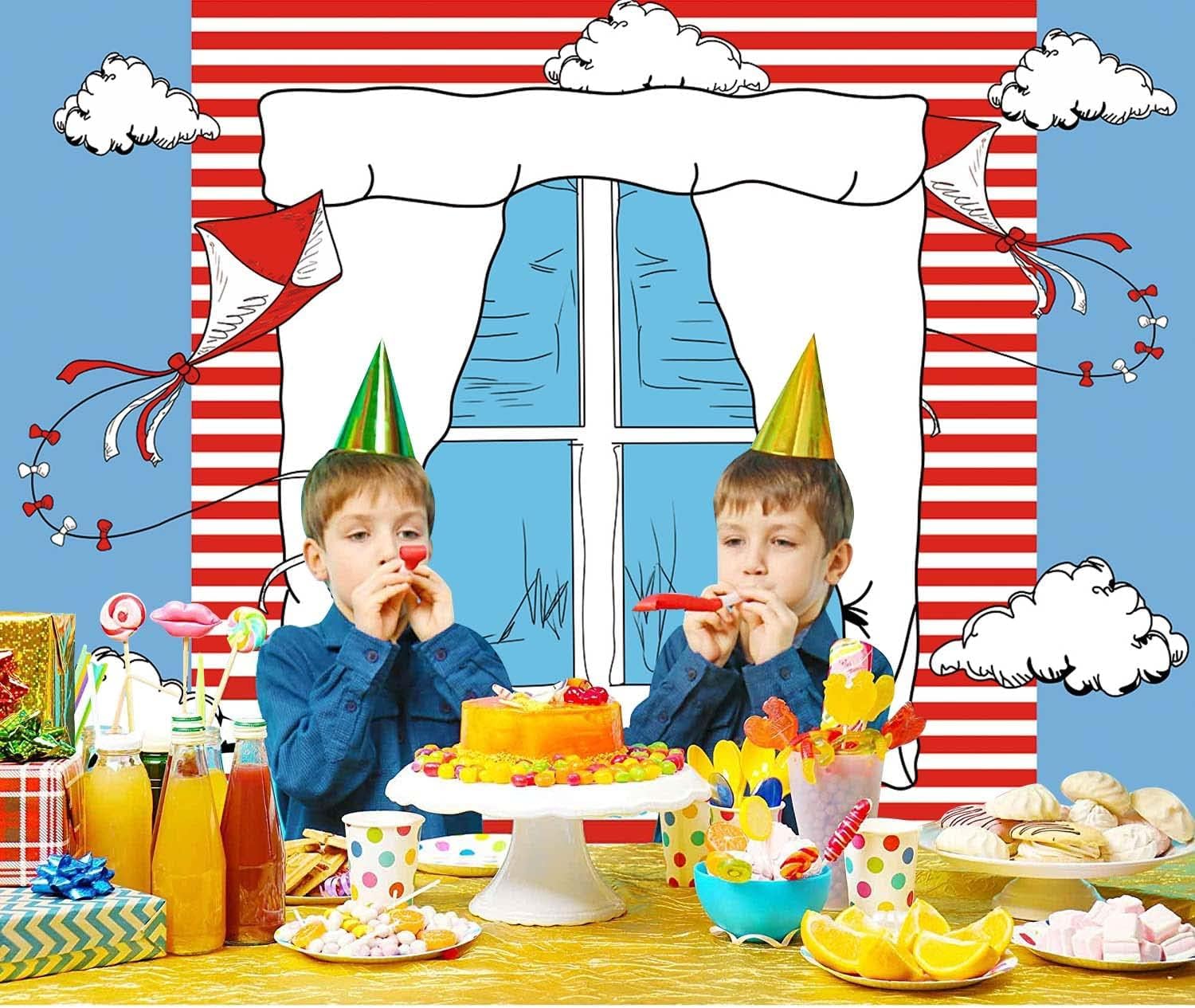 XCKALI Cartoon Window Kite Backdrop Red White Stripes Kid Birthday Photography Party Decoration 8x6FT