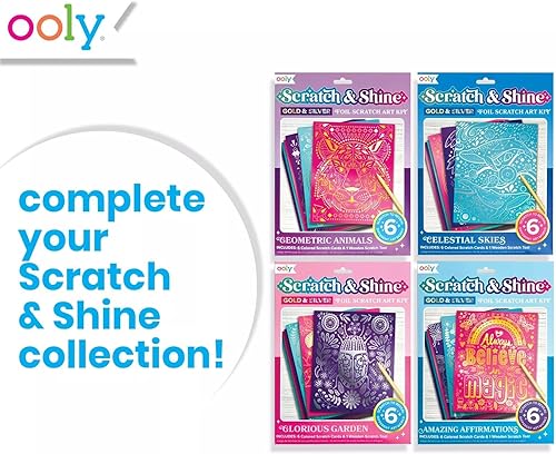 Miniatura 4 de Ooly Scratch & Shine arte para rascar de lámina plateada y dorada para niños, 6 papel de aluminio para rascar y herramienta para rascar, kit de