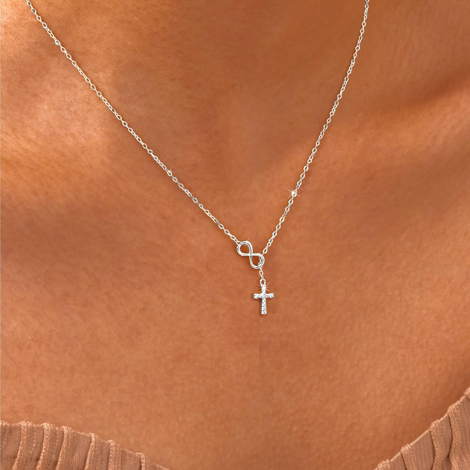 925 Sterling Silver Infinity Cross Necklace, Mini 18K White Gold Plated Small Danity Cross Necklace Confirmation Baptism Easter Religious Christian Gifts for Women Mom Sister Daughter Friend Niece - Image 2