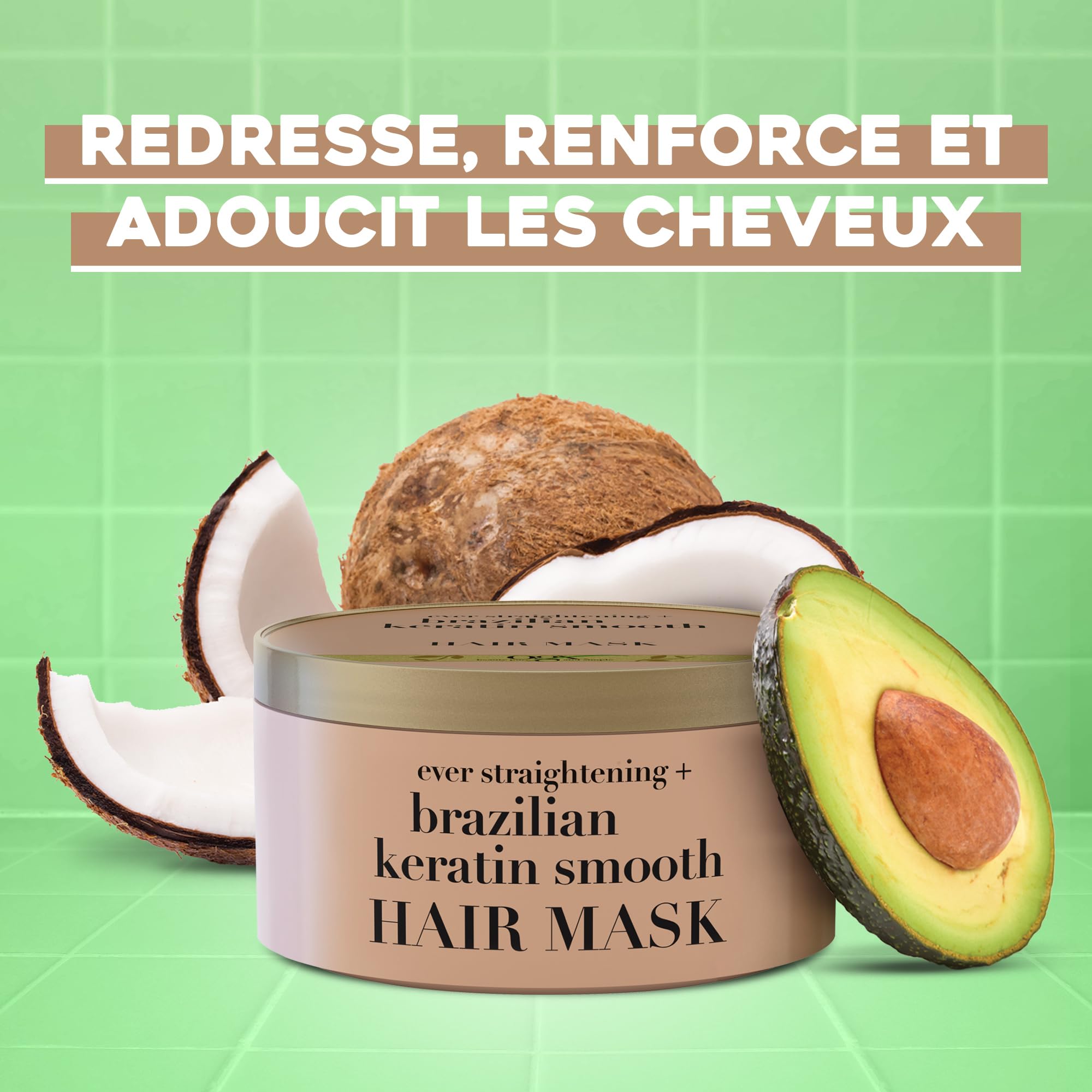 OGX | Masque pour les cheveux lissant à la kératine brésilienne (pot de 300 ml) – Masque capillaire pour régénérer les cheveux et faciliter le coiffage – Masque pour des cheveux brillants et doux