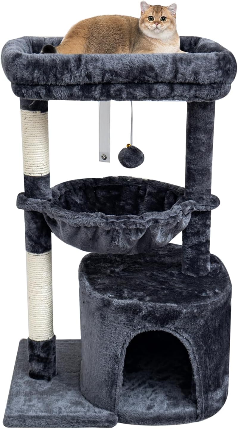 SYANDLVY Small Cat Tree for Indoor Cats, Cat Tower with Scratching Post, Modern Cat House with Padded Perch, Kittens Condo with Cradle, Smoky 29.6" Smoky Grey