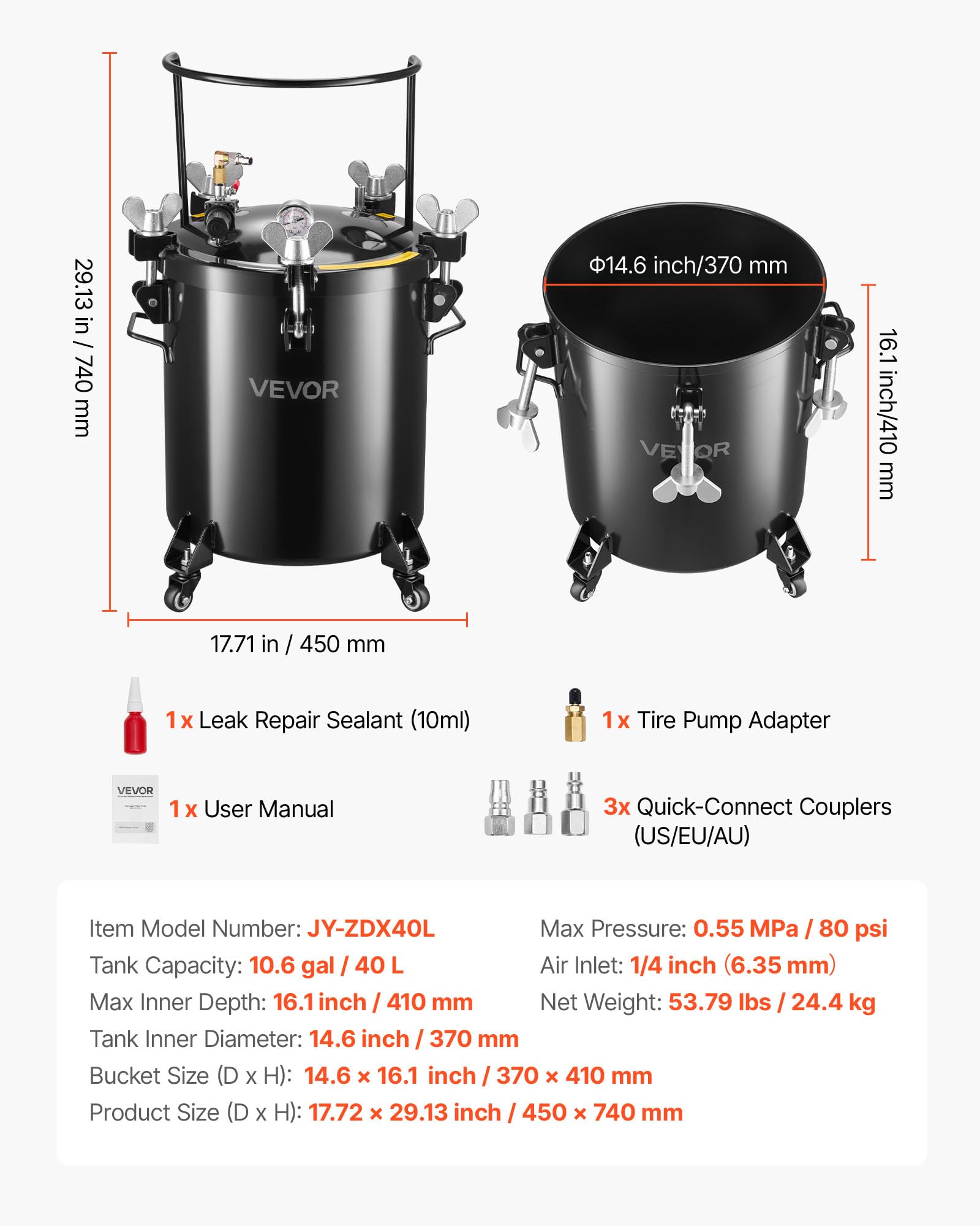 VEVOR Tanque de Presión Capacidad de 40 litros, con 3 Conectores Rápidos UE/AU/EE. UU. para Aficionados al Bricolaje Artistas de Estudio Creadores, con 4 Ruedas, hasta 0,55 MPa, 450 x 450 x 740 mm