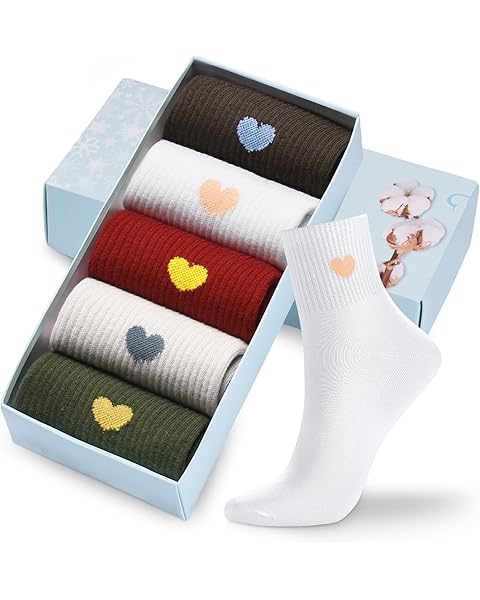 Corlap Women's Cute Cotton Crew Athletic Running Socks - Ankle High, Novelty Fun Heart Design 5-Pairs (Gift Box)