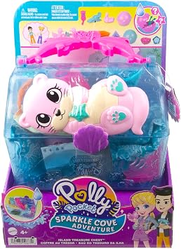 Polly Pocket Sparkle Cove Adventure Playset & 2 Micro Dolls, Island Treasure Chest Carry Case, 4 Animals & Accessories, HPV40