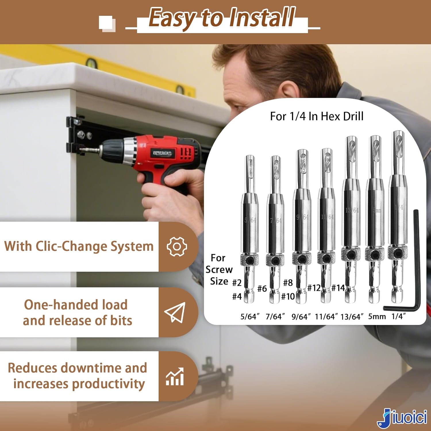 Upgraded Self-Centering Hinge Drill Bit Set, CC2430 5/64", 7/64", 9/64", 11/64", 13/64", 5mm, 1/4" VIX Bit Self Centering Drill Bit, 1/4 Inch Hex Shank for Precise Cabinet & Door Installation
