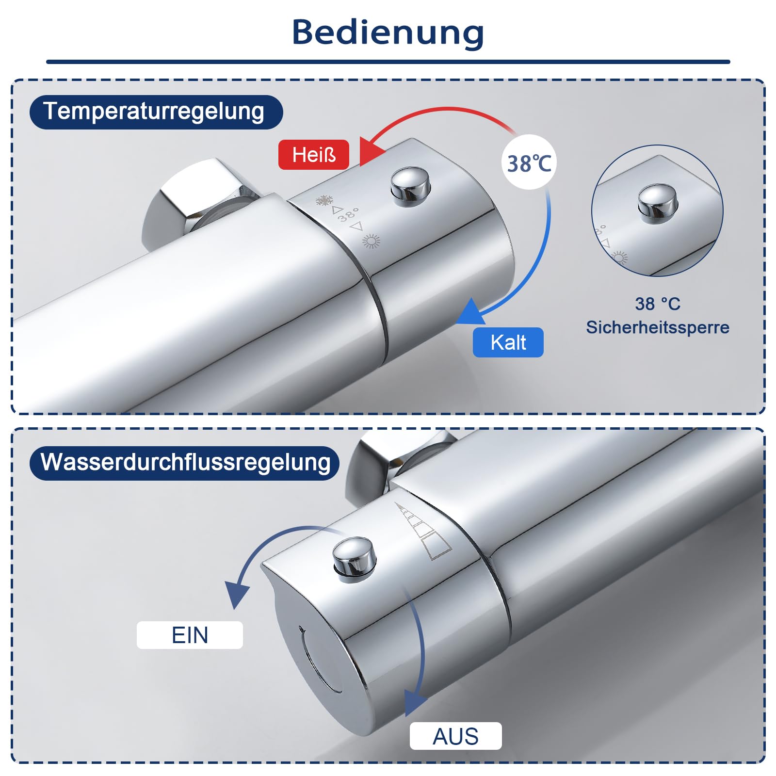 Namuoto Duscharmatur mit Thermostat Aufputz Brausethermostat, Thermostat Dusche Mischbatterie mit 38 °C Sicherheitstaste, Duscharmaturen Laiton Chrom