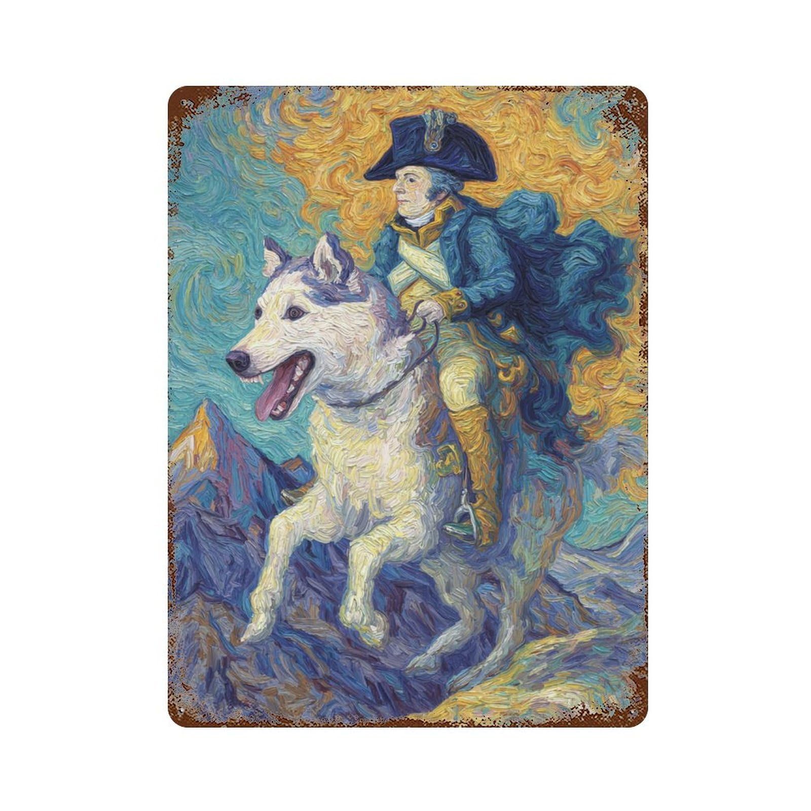 Rustic Tin Plaque Painting Man Riding Husky 15.7"x11.8", Vintage Wall Decor for Pub, Kitchen And Man Cave Decor