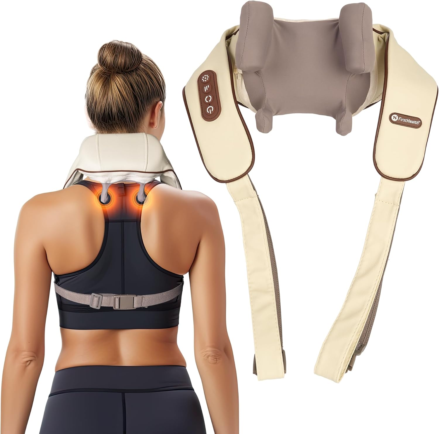 FIRSTHEALTH Neck and Shoulder Massager with Heat, Deep Tissue Shiatsu Back Massager, USB-C Rechargeable, Kneading Massage for Pain Relief, Gifts for Men Women