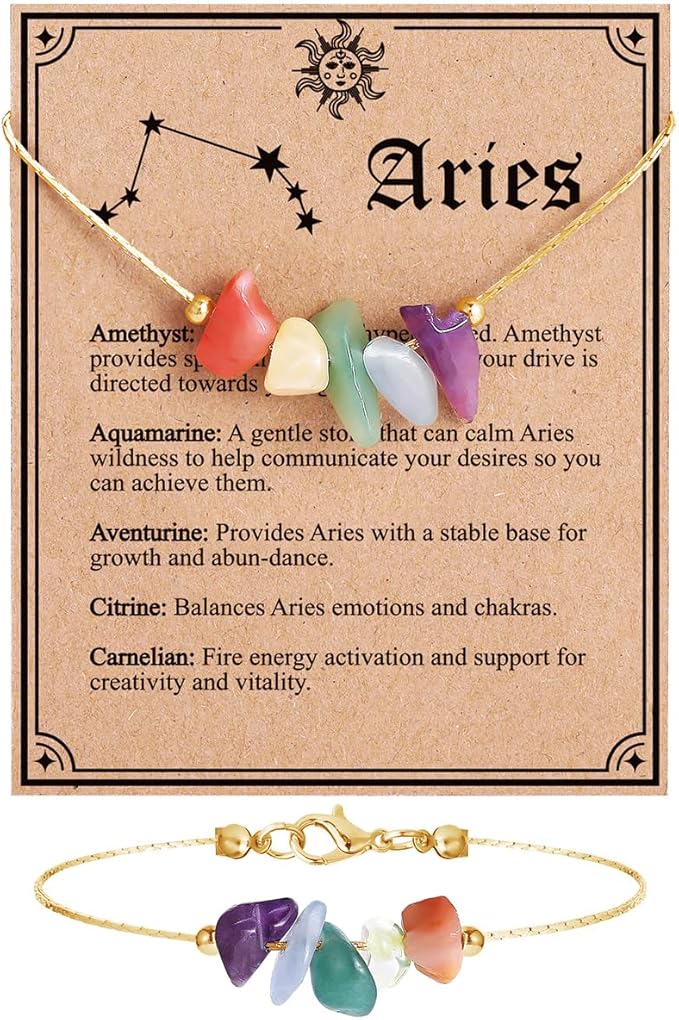 MJartoria Natural Stone Zodiac Sign Choker Necklace and Bracelet for Women Horoscope Healing Stone Astrology Jewelry Birthday Gifts (Gold, Aries)