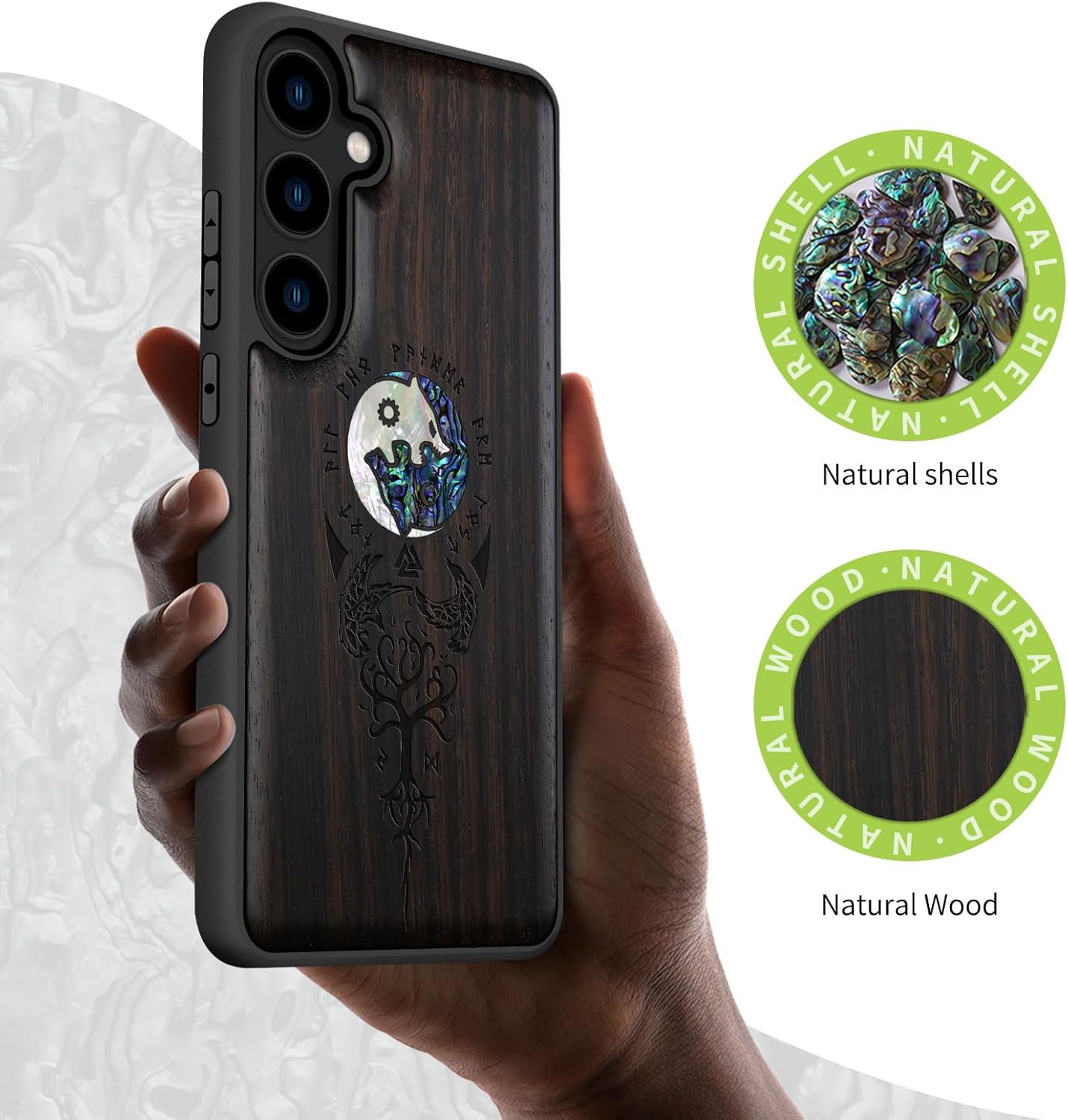 Carveit Designer Wooden Case for Samsung Galaxy S24 Case [Wood Engraving & Shell Inlay] Compatible with Wireless Chargers S24 Cover (Yin Yang Wolf-Blackwood)