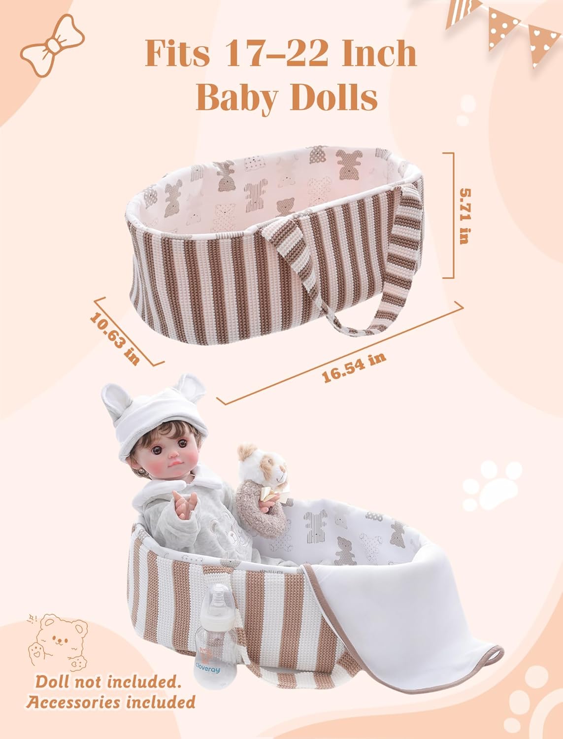 10 Pcs Baby Doll Accessories, Reborn Baby Doll Clothes with Bassinet for 17-22 Inch Realistic Baby Dolls, Pretend Play Outfit Set