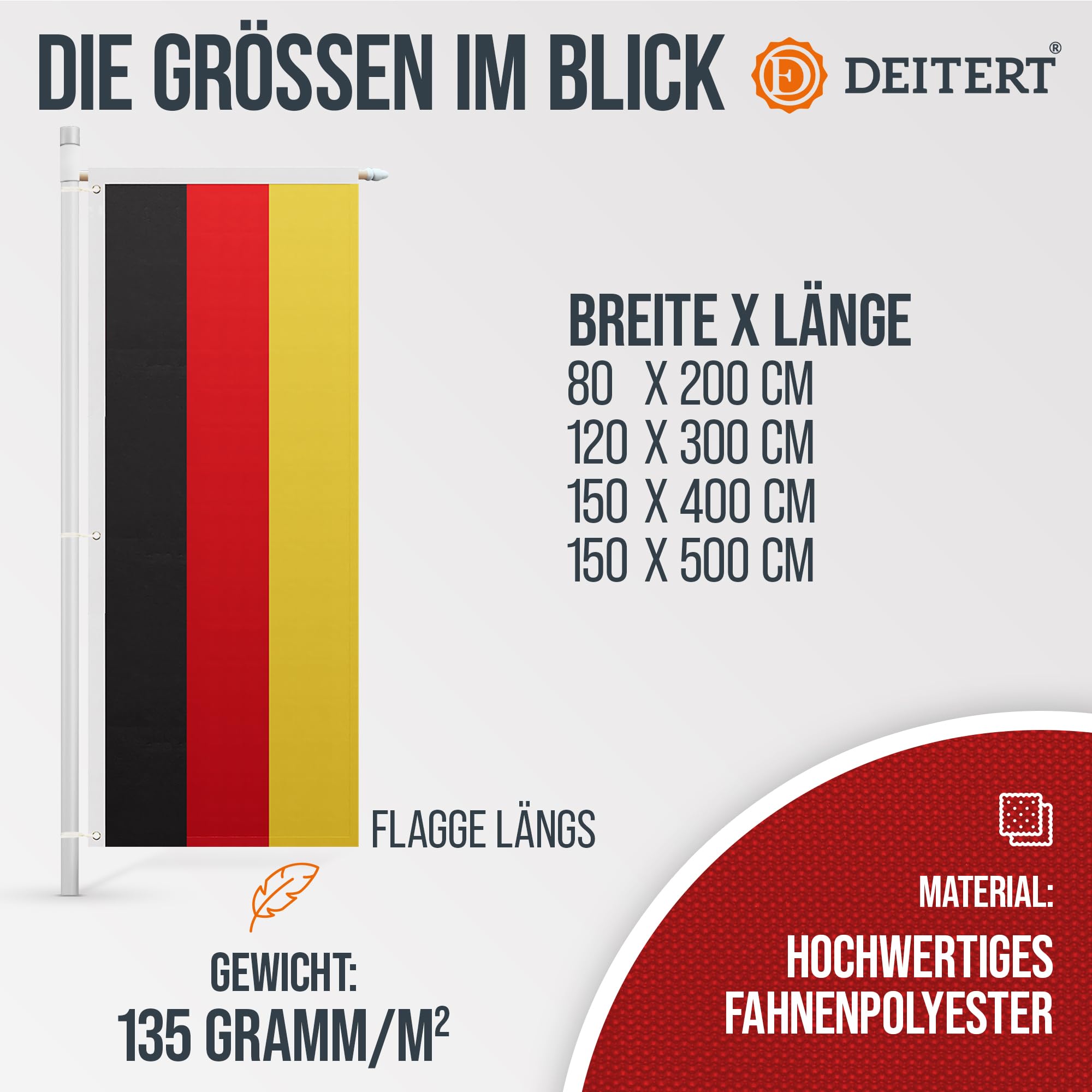 Deutschland Flagge 120 x 300 cm - für Fahnenmast mit Ausleger, Deutschlandfahne aus reißfestem Fahnen-Polyester-Stoff, Hissfahne wetterfest und UV-beständig