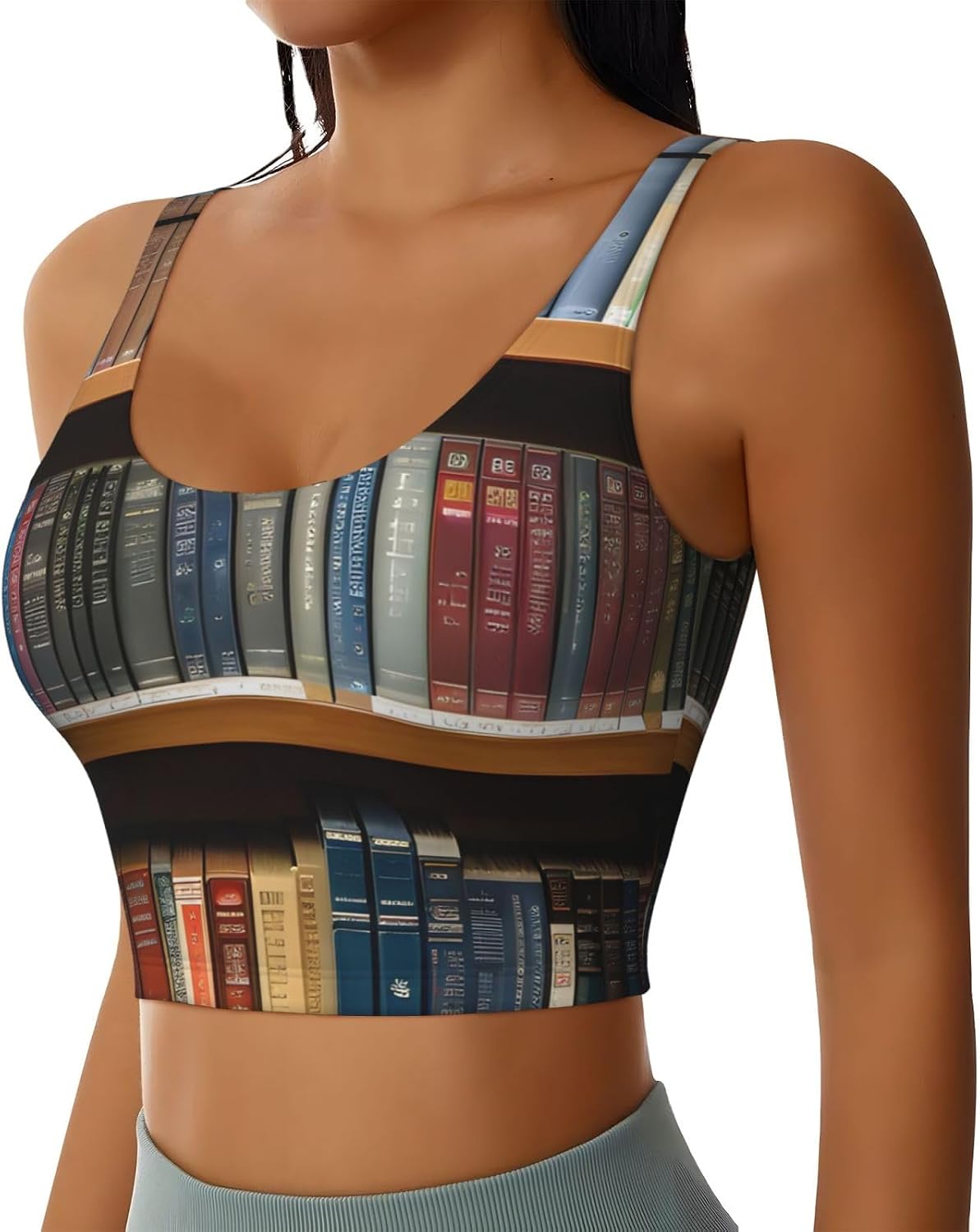 Library Bookshelf Print Sports Bra for Women,Padded,Racerback,Perfect for Yoga,Workout and Running