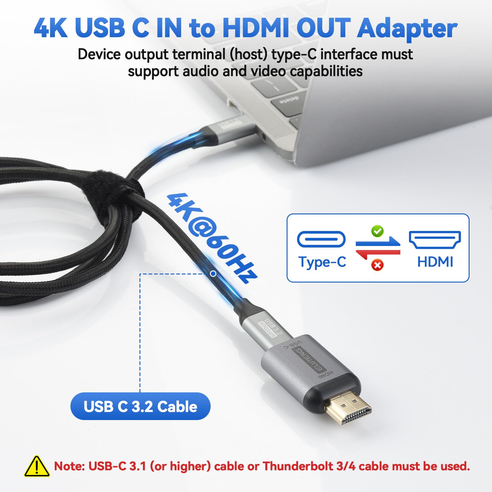 ELUTENG Adattatore USB C a HDMI 4K con Cavo Video USB C 3.2, HDMI USB C Adapter Alluminio con Thunderbolt 3/4 per iPhone 16/15 Pro/Max MacBook iPad Pro/Air Surface Book 2 XPS Galaxy