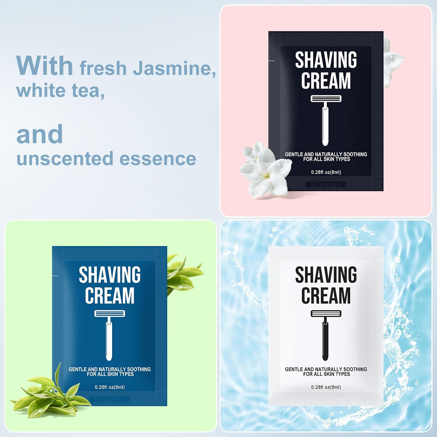 Shaving Cream Bulk Travel 8ml/0.28fl oz,Disposable Shaving Cream in Bulk Travel Shave Cream for Hotel Homeless （Jasmine, white tea and Unscented,pack of 60)
