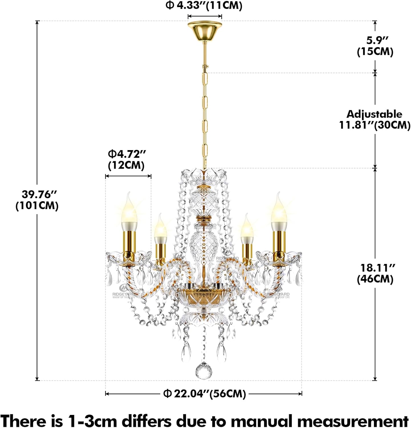 Ridgeyard 4 Arms Gold Crystal Chandelier K5 Crystal Ceiling Light Pendant Lighting Fixtures Lamp with Adjustable Chain Elegant Home Decor for Dining Room, Bedroom, Living Room and Lobby