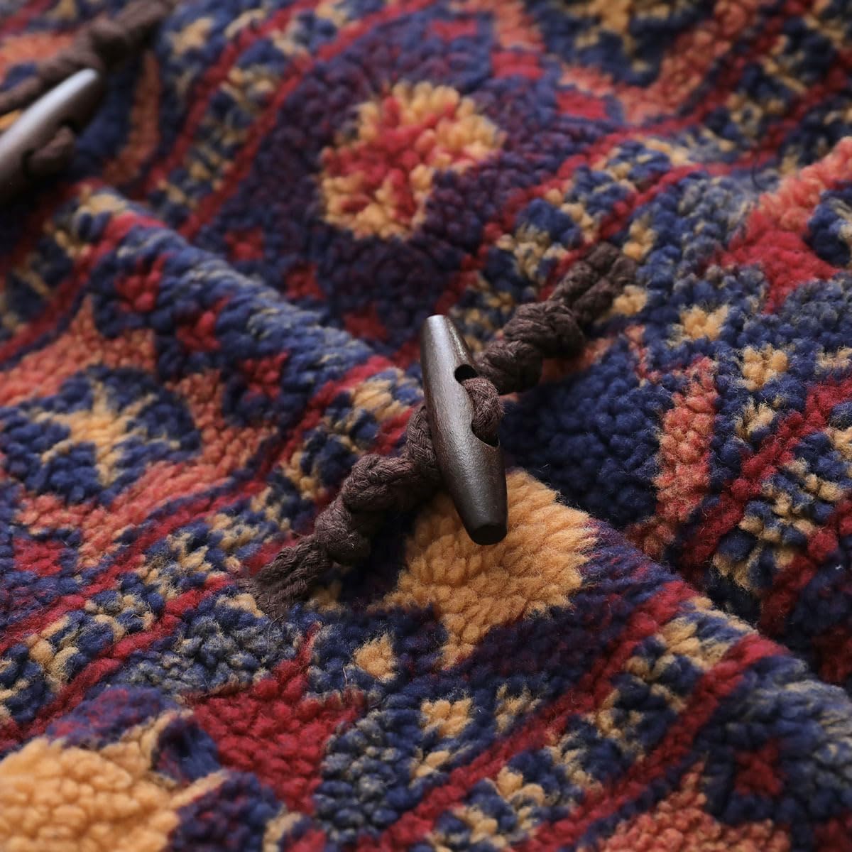 Women's Long Plush Fleece Hoodie Vintage Boho Oversized Sherpa Coat, Warm Winter Loungewear with Geometric Print - Image 7