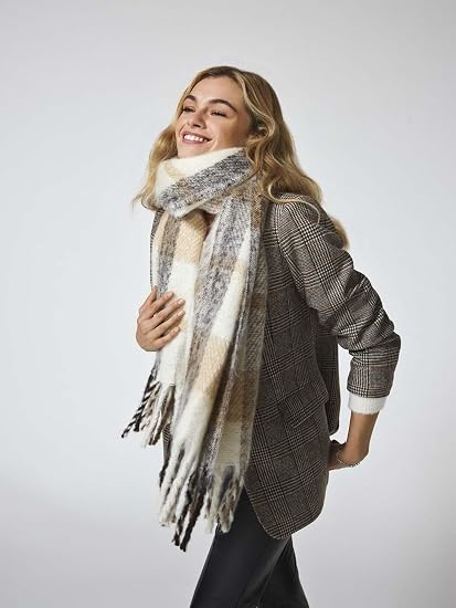 Sciarpa Donna ONLY A Scacchi - Foulard Con Frange Taglia Unica Nero