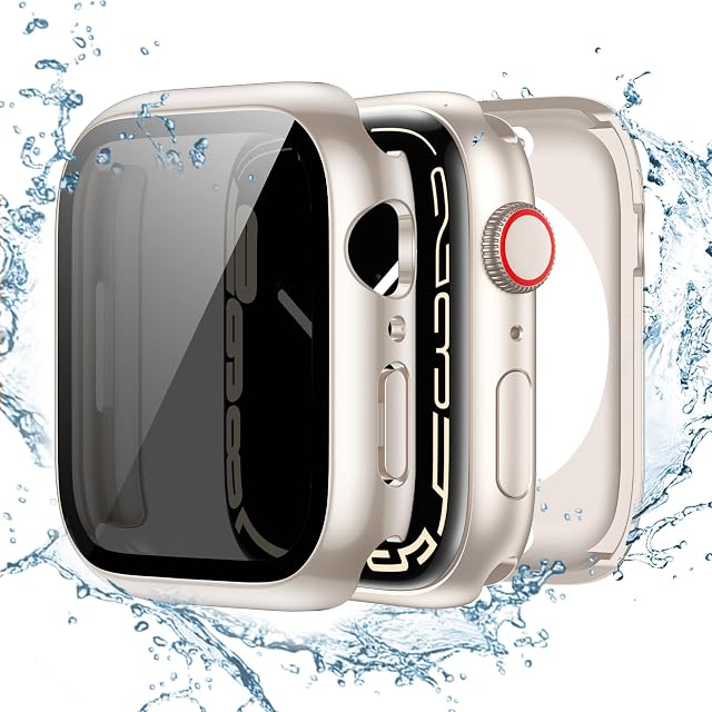 (2-in-1) Tensea for Waterproof Apple Watch Screen Protector Case Series 9 8 7 41mm, iWatch Protective PC Face Cover Built-in Privacy Tempered Glass Film [26° Anti Spy] [360° Full Protection]