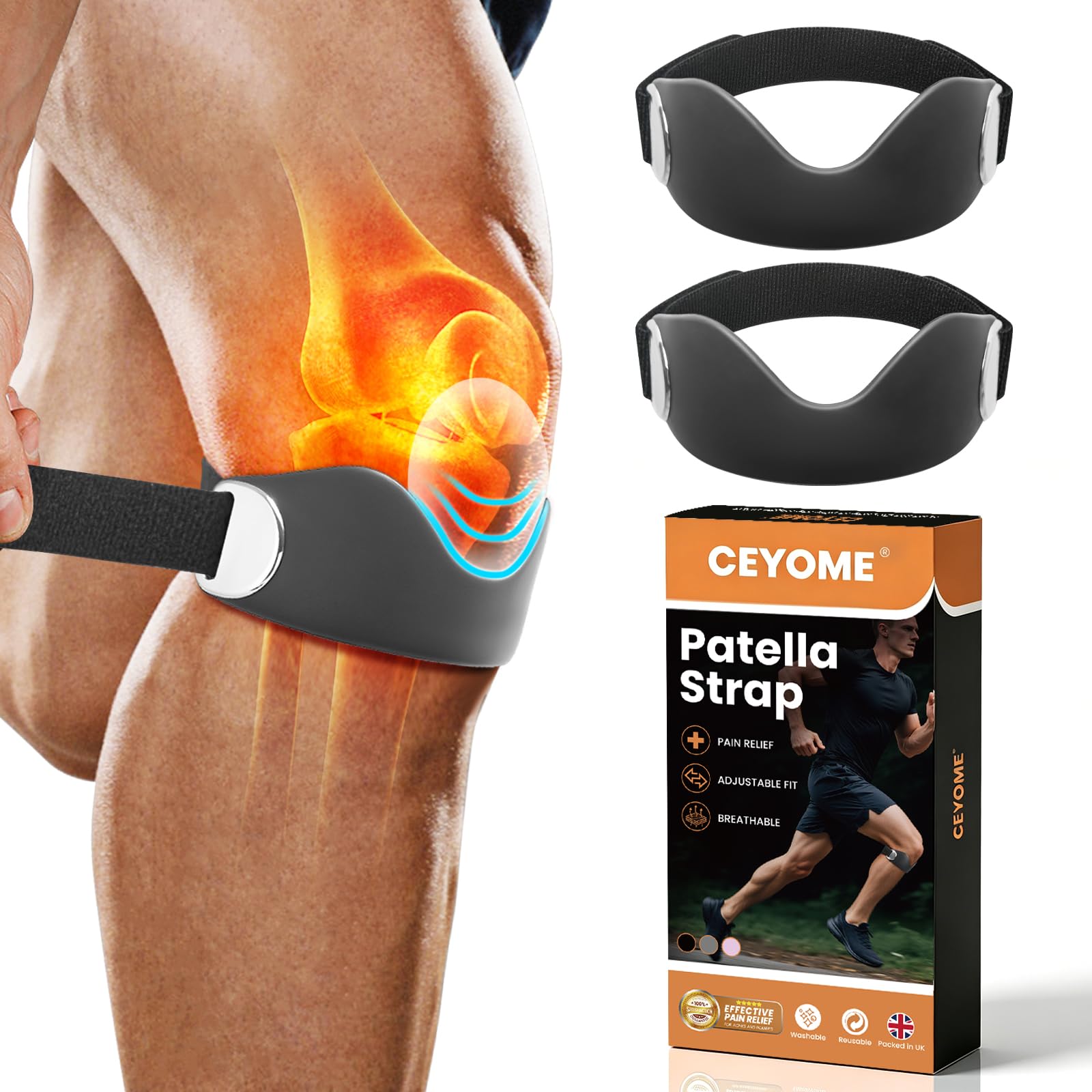 CEYOME Silicone Patella Tendon Knee Strap, 2 Pack Knee Support, Black