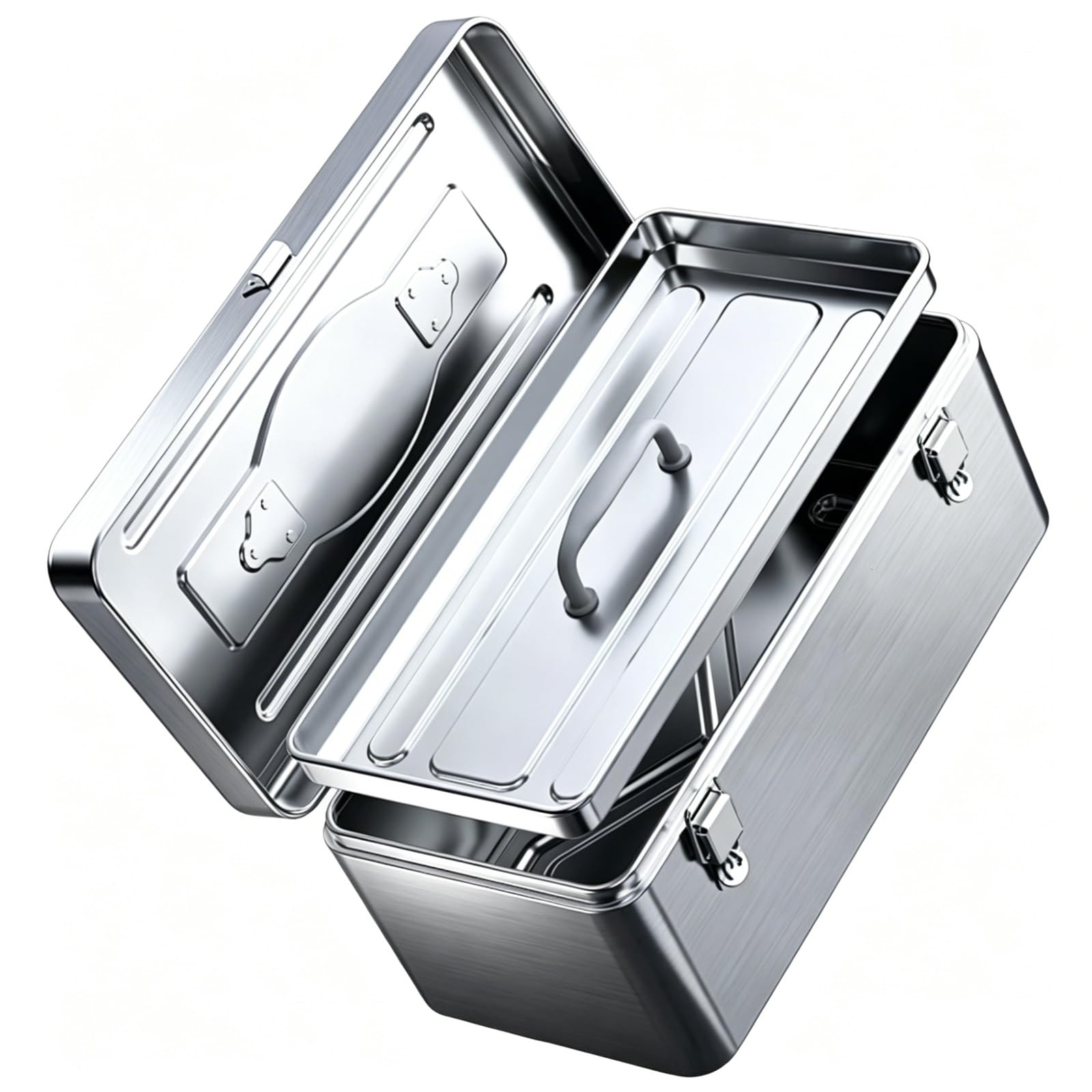 Portable Stainless Steel Toolbox, Multi-function Tool Storage Box with Removable Tray, Tools Organizer with Metal Latch, for Garage Workshop Home