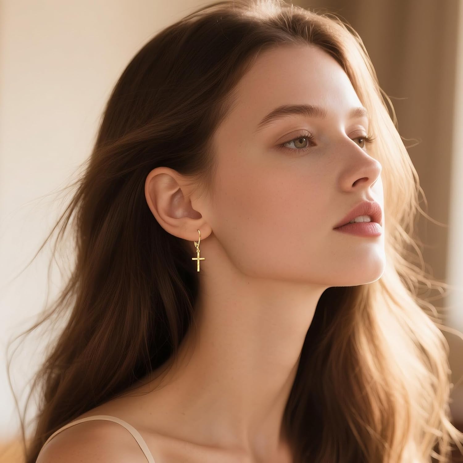 DOVRAN 14K Real Gold Cross Earrings for Women Solid Yellow Gold Religious Leverback Earrings Faith Jewelry Gifts for Wife Mom