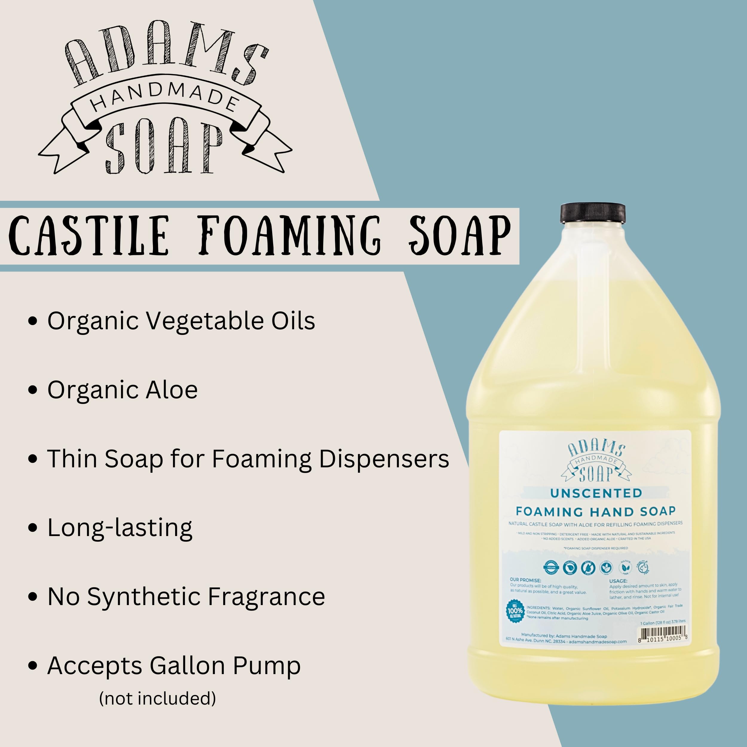 Adams Handmade Soap Jabón líquido, jabón espumoso, Castilla fina, recarga de 3,8 l, sin perfume