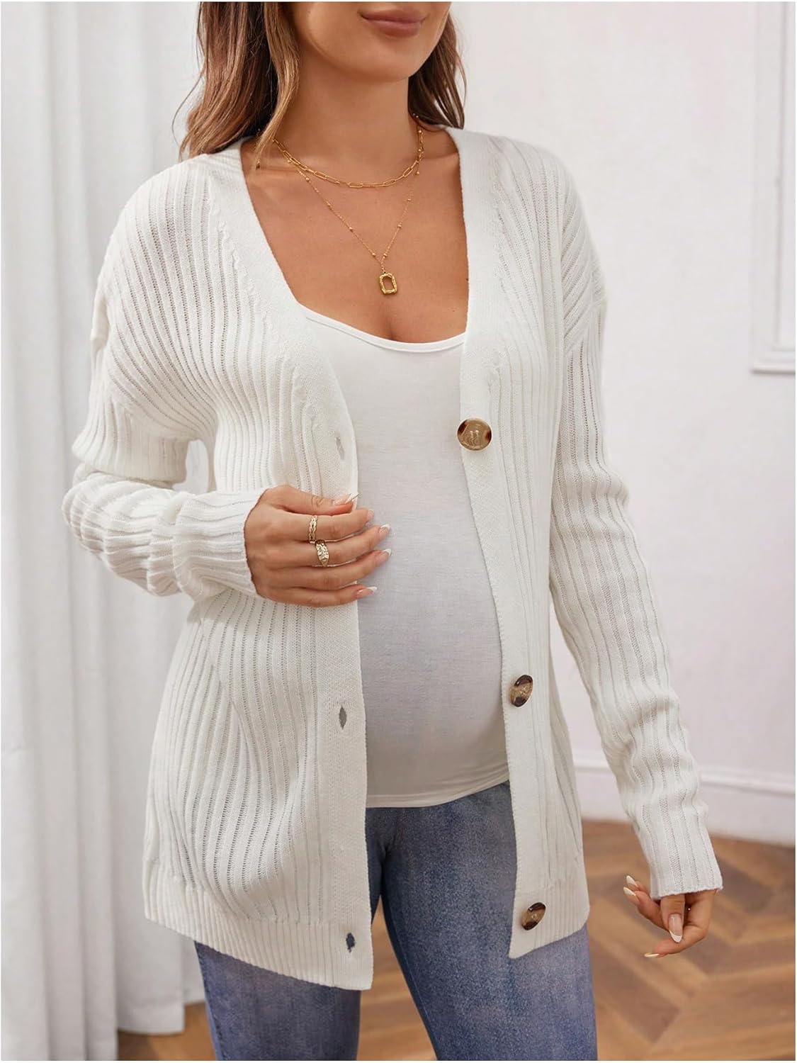 Women's Maternity Cardigan Sweater Textured Button Down Long Sleeve V Neck Sweater Tops - Image 4