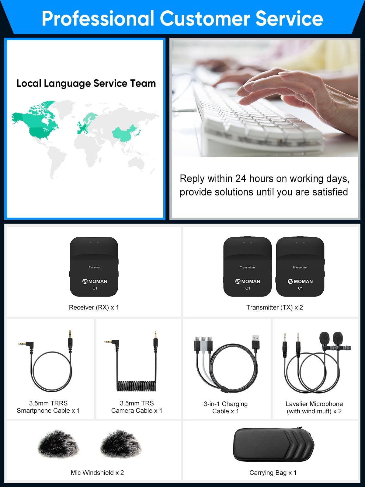 Moman C1X Wireless Lavalier Mic – 2.4GHz, Omnidirectional, For Phone/DSLR/Laptop