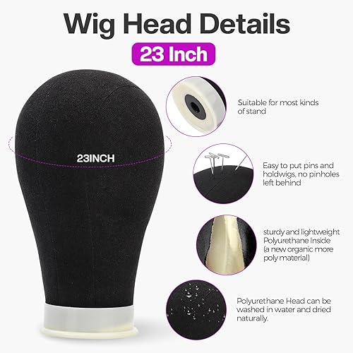 Miniatura 2 de Cabeza de peluca de lona de 23 pulgadas, trípode con cabeza, cabeza de maniquí para pelucas con gorras de peluca, juego de pines en T, cepillo de
