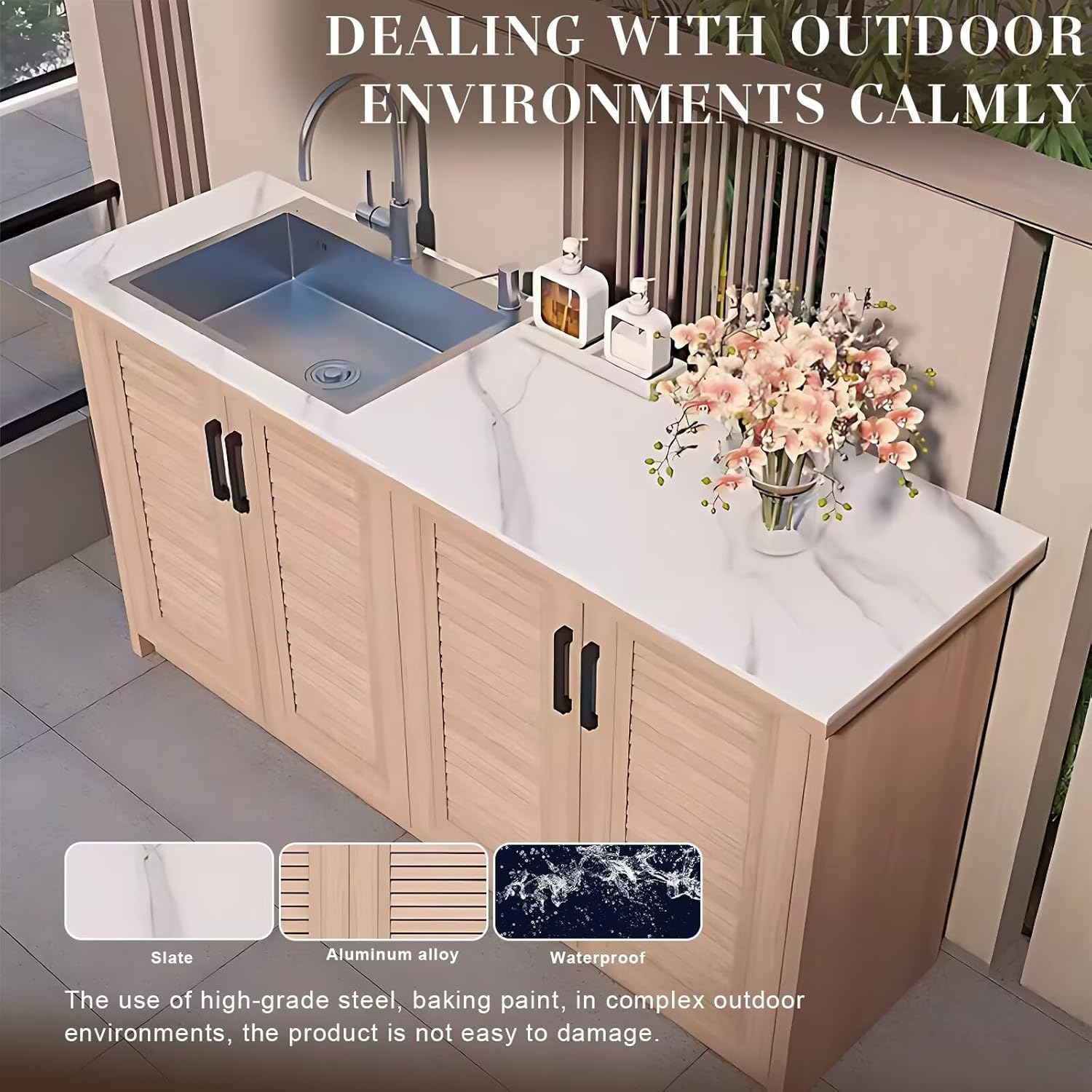 Outdoor Laundry Utility Sink Cabinet with Natural Wood Grain Aluminum Door,Kitchen Sink Cabinet with Black Stable Handle,Hidden Storage Dividers and White Textured Rock Countertop