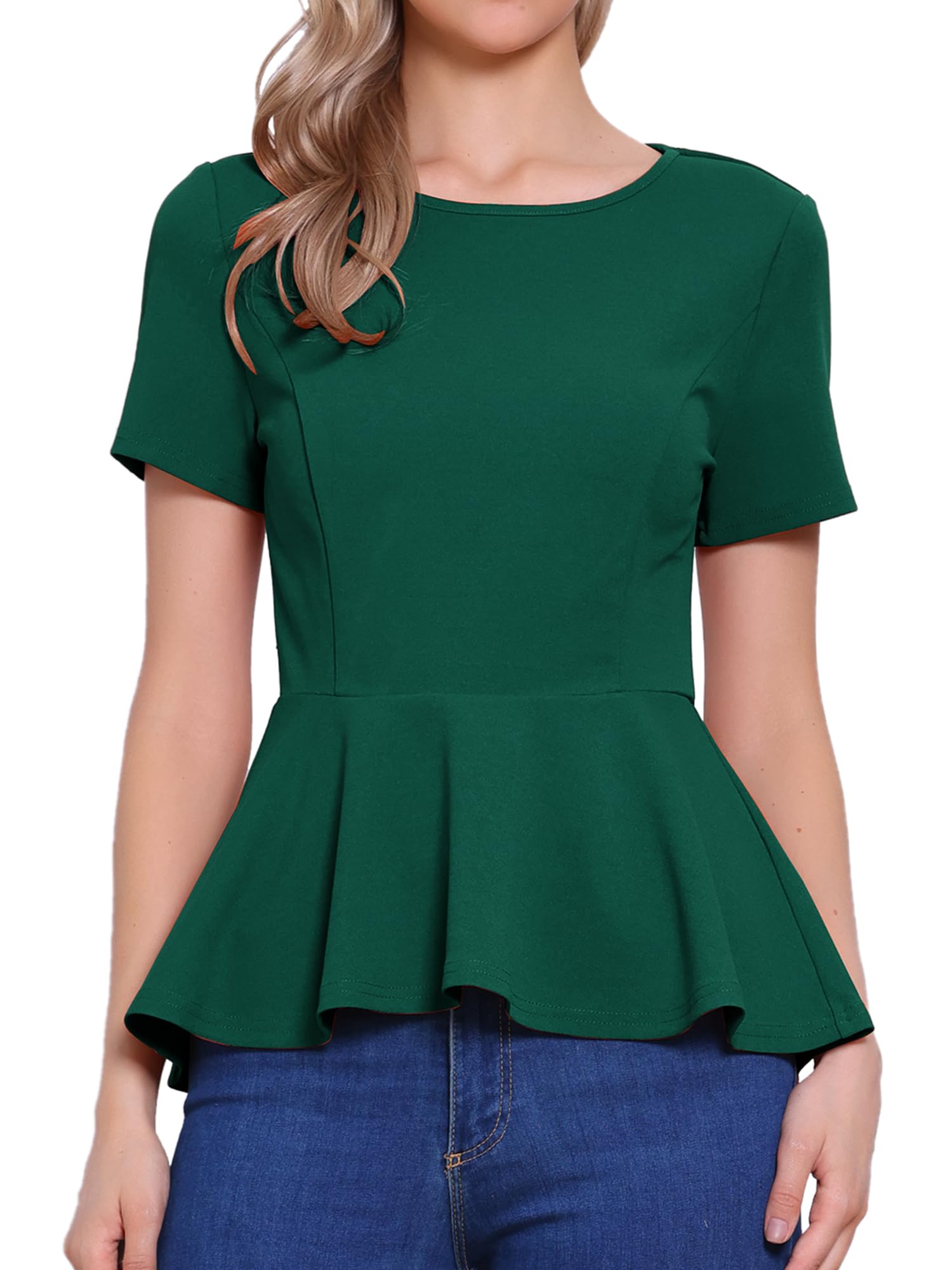 Allegra K Damen Peplum Tops Kurzarm Rundhals Stretch Business Bluse Klassische T-Shirts