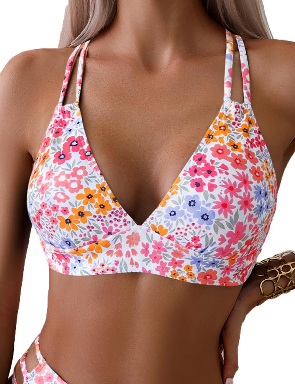 Tainehs Women's Push Up V Neck Bikini Tops Criss Cross Back Padded Bathing Suit Top Only