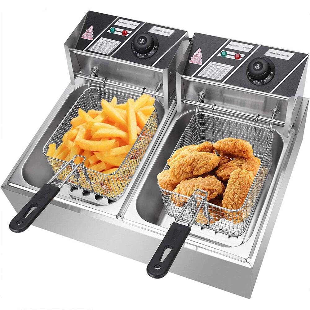 20L Double Deep Fat Fryer,5000W Electric Deep Fryer Stainless Steel - 60-200℃ Adjustable Temperature Chip Fryer With Basket & Lid- Easy To Clean