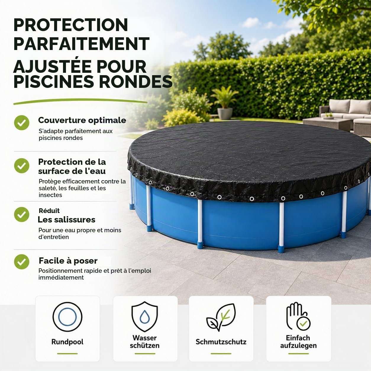Bâche de piscine ronde - Extra forte 200 g/m² - Bâche solaire résistante aux UV pour été et hiver - Bâche de piscine robuste en noir (366-400 cm (Ø 460 cm)