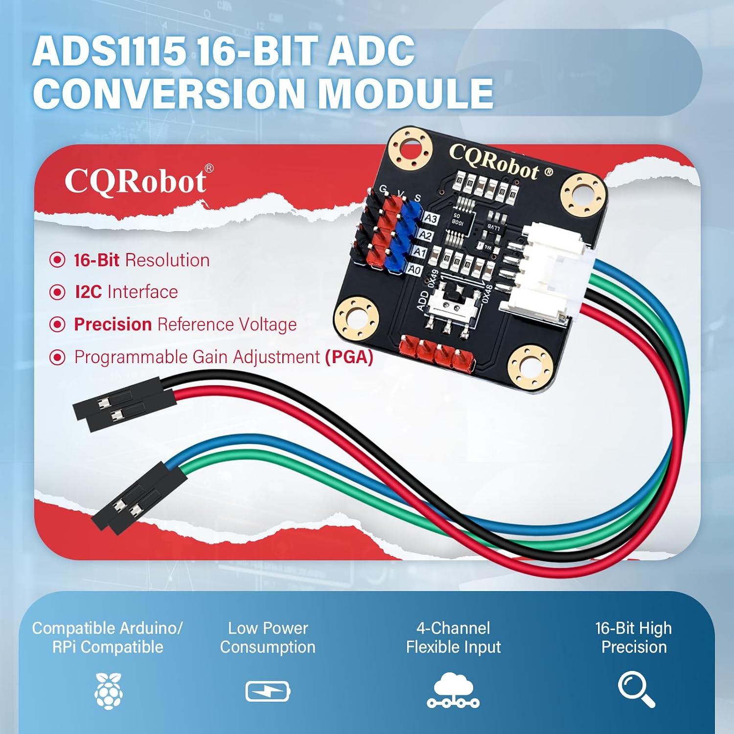 CQRobot ADS1115 16-Bit ADC Conversion Module Compatible with Raspberry Pi and Arduino Boards. Achieve Analog and Digital Signal Acquisition or Conversion, 3.3V to 5V, I2C Address Selection Switch.