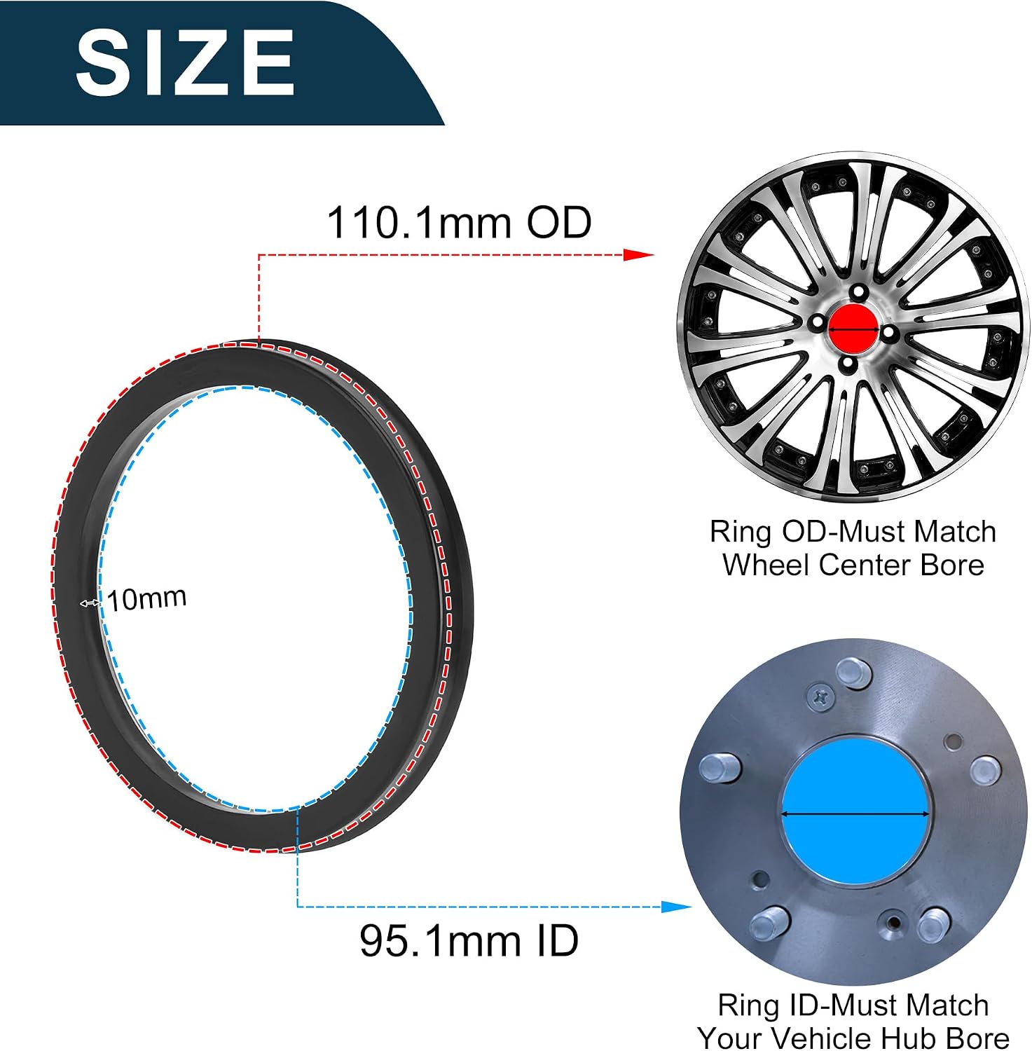 Car Wheel Hub Centric Rings Durable Wheels Center Shaft Shock Absorbing Hubrings Black 4 Pcs OD 110.1mm to ID 95.1 mm Polycarbonate