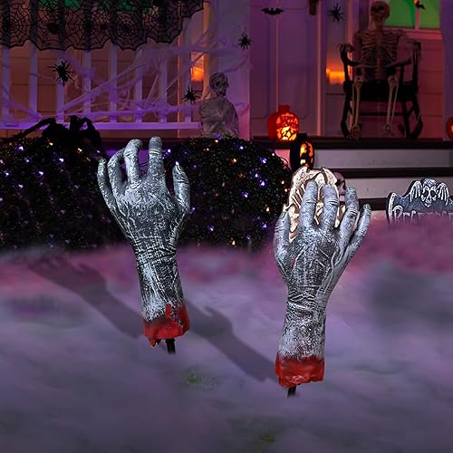 Miniatura 5 de Estacas de brazo zombi de Halloween, estacas de brazo de manchas de sangre, juego de manos falsas de aspecto realista para estacas de césped,